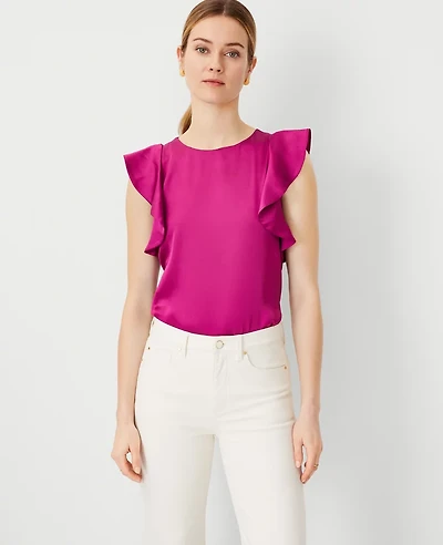 Ann Taylor Petite Ruffle Shoulder Top Magenta Shadow Women's