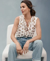 Ann Taylor Metallic Paisley Clip Ruffle Neck Popover Top Size Small Winter White Women's