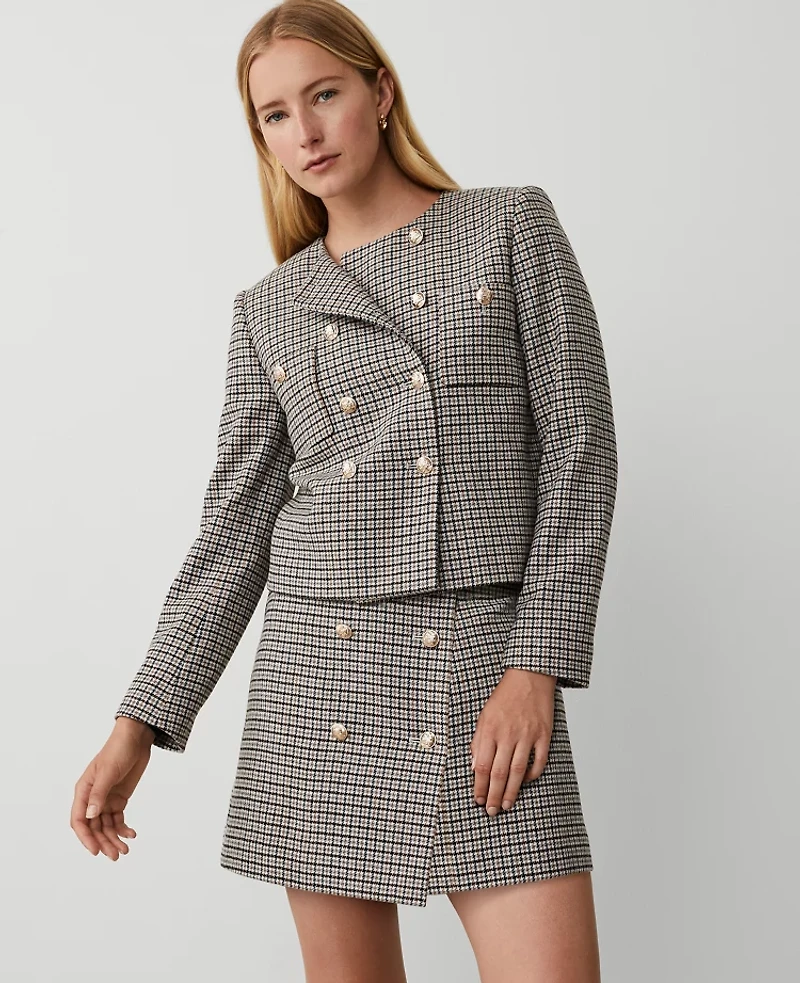 Ann Taylor Checked Double Breasted Patch Pocket Jacket Size 14 Sahara Women's