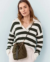 Ann Taylor Weekend Collection Stripe Collared Sweater Size XL Green/White Stripe Women's