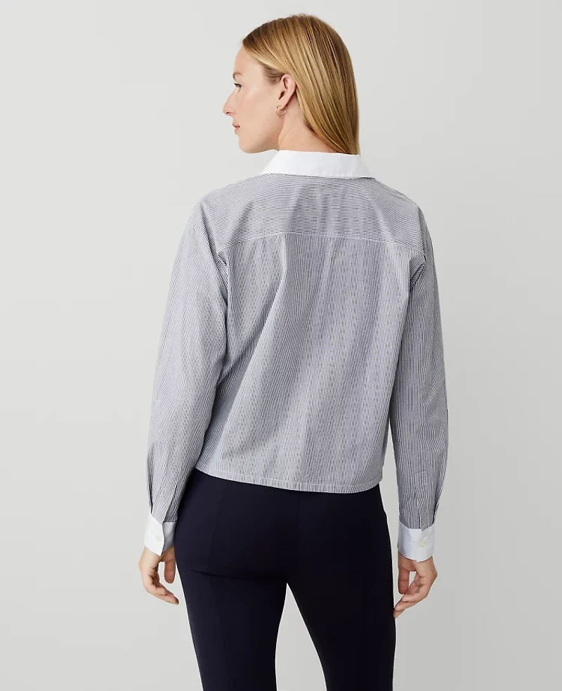 Ann Taylor Weekend Collection Striped Cotton Blend Shirt Pure Blue Sky Women's