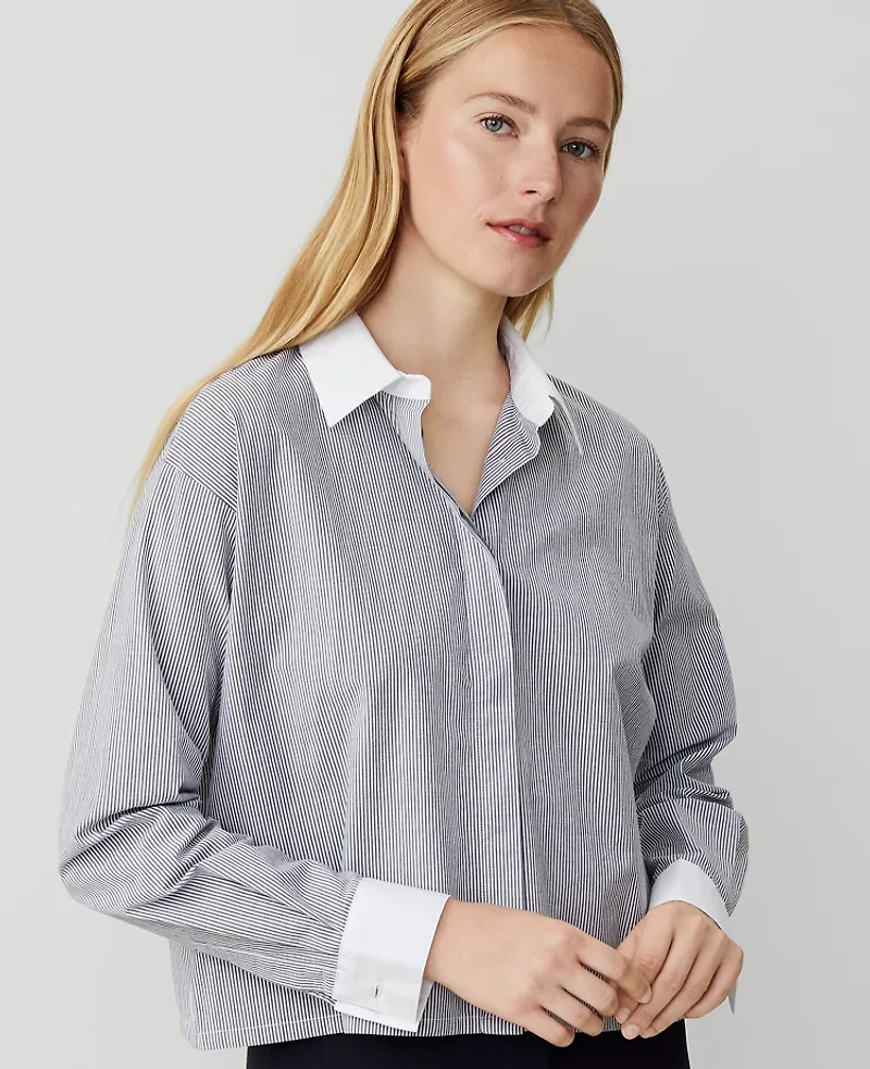 Ann Taylor Weekend Collection Striped Cotton Blend Shirt Pure Blue Sky Women's
