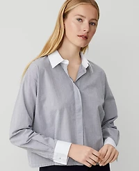 Ann Taylor Weekend Collection Striped Cotton Blend Shirt Pure Blue Sky Women's