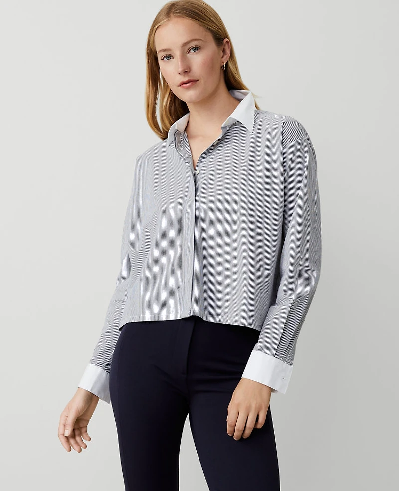 Ann Taylor Weekend Collection Striped Cotton Blend Shirt Pure Blue Sky Women's