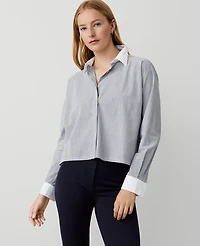 Ann Taylor Weekend Collection Striped Cotton Blend Shirt Pure Blue Sky Women's