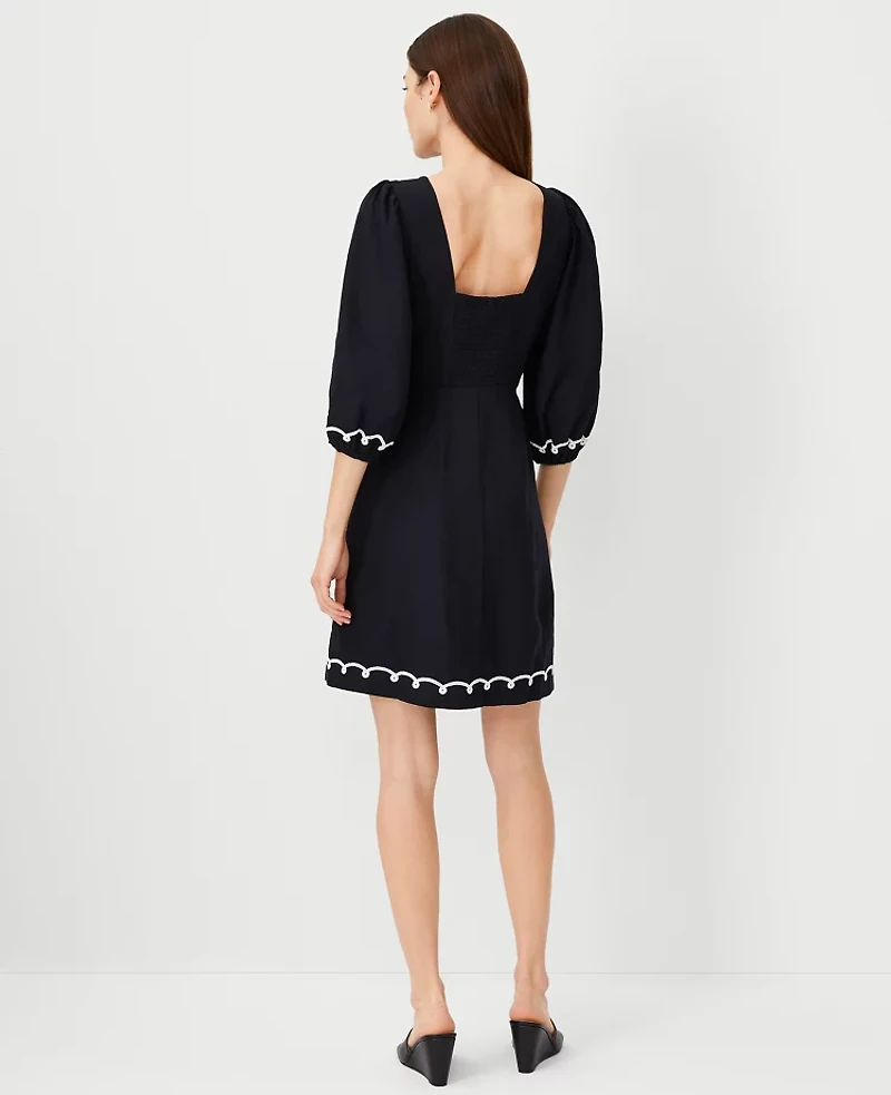Ann Taylor Petite Embroidered Linen Blend Open Back Flare Dress Size 00 Black Women's