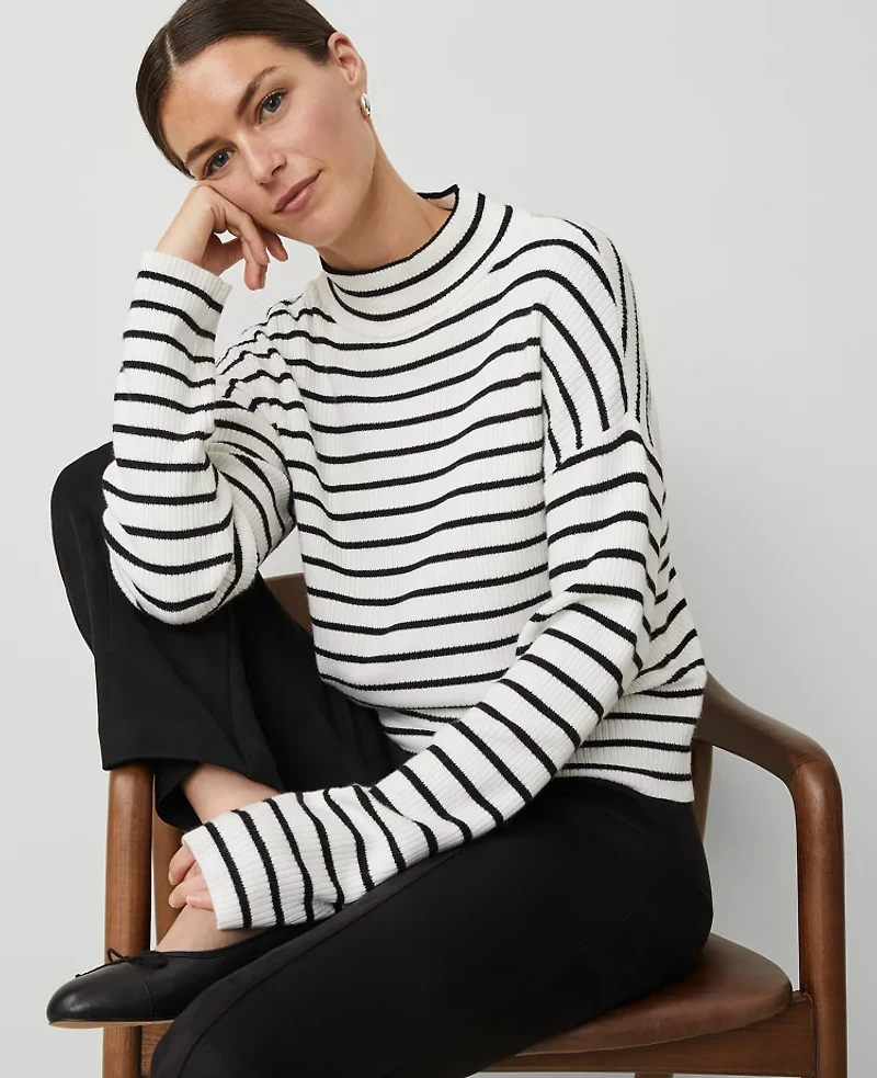 Ann Taylor Ribbed Mock Neck Sweater Black/White Multi Women's