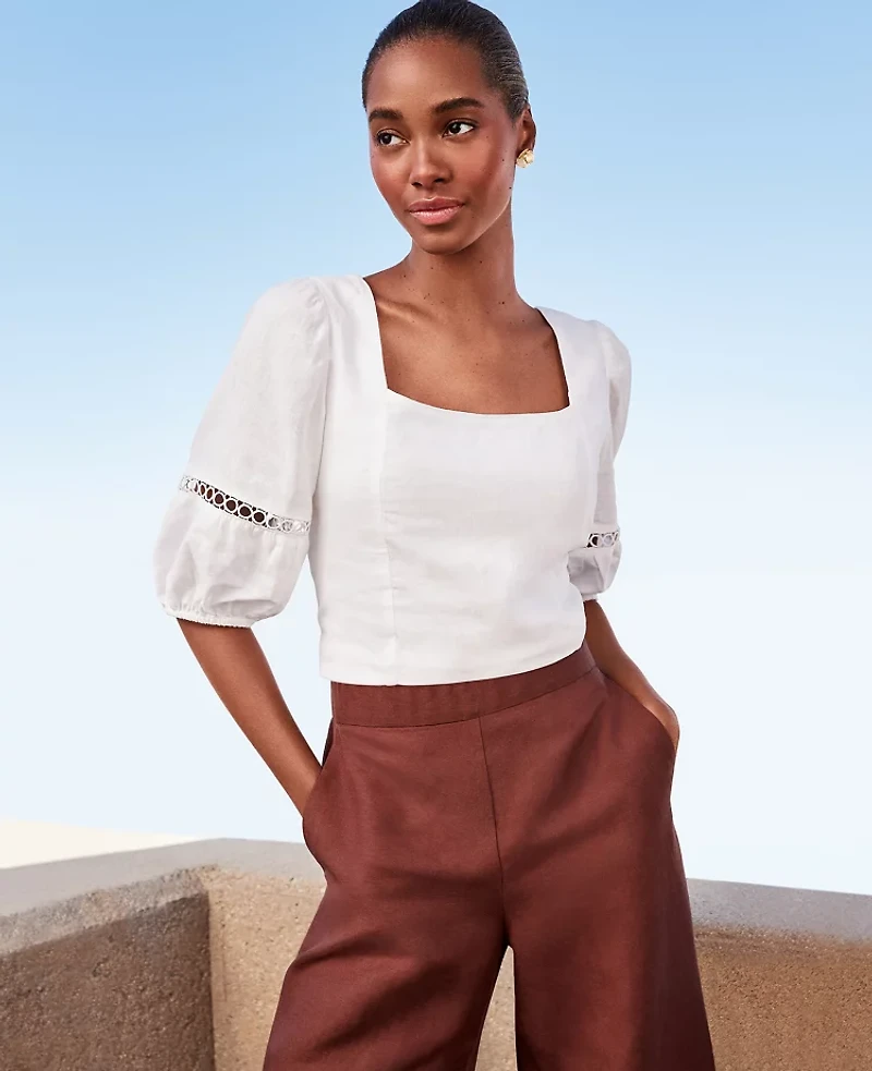 Ann Taylor Square Neck Puff Sleeve Top White Women's