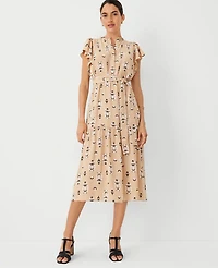 Ann Taylor Floral Flutter Sleeve Midi Flare Dress Size XS Baguette Women's