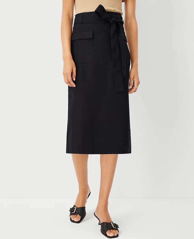 Ann Taylor Tie Waist Cargo Pencil Skirt Size 0 Black Women's
