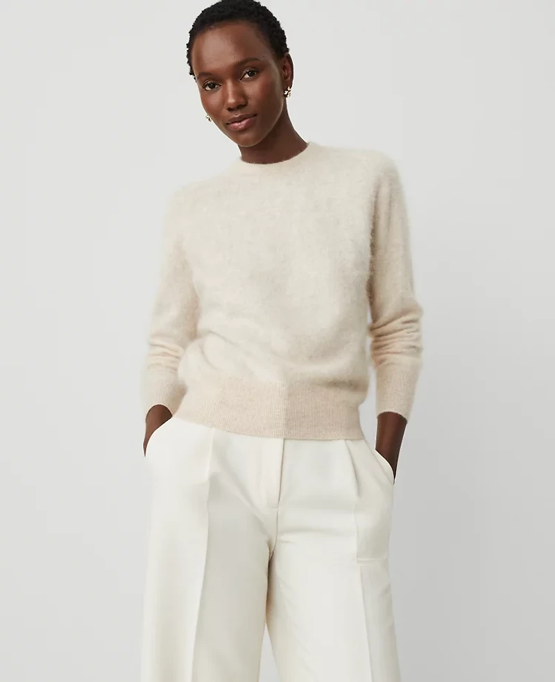 Ann Taylor Brushed-Cashmere Sweater Size Large Pale Oat Heather Women's