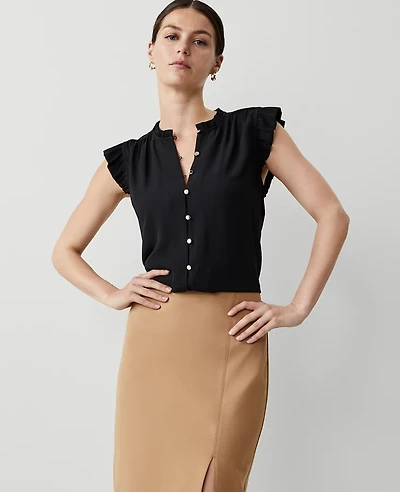 Ann Taylor Mixed Media Ruffle Shell Top Size XL Black Women's