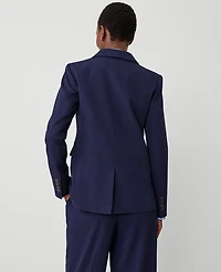 Ann Taylor The Petite Long One Button Notched Blazer Textured Drape Navy Women's