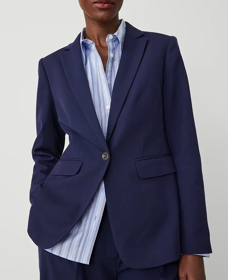 Ann Taylor The Petite Long One Button Notched Blazer Textured Drape Navy Women's