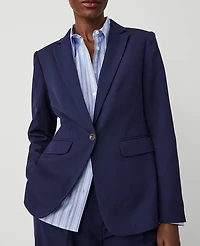 Ann Taylor The Petite Long One Button Notched Blazer Textured Drape Navy Women's