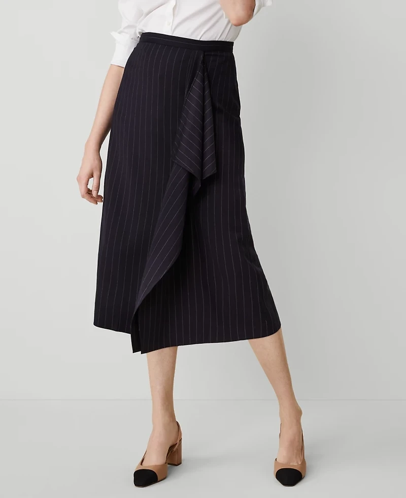 Ann Taylor Petite Pinstripe Cascade Midi Skirt Size 00 Navy/White Combo Women's