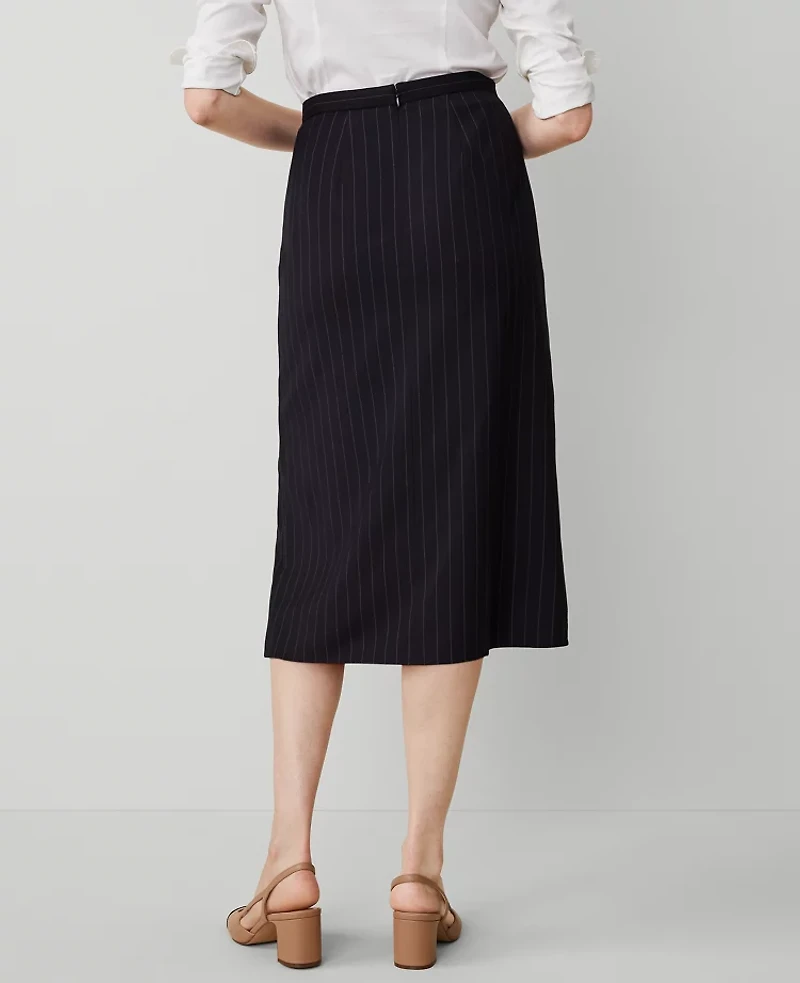 Ann Taylor Petite Pinstripe Cascade Midi Skirt Size 00 Navy/White Combo Women's