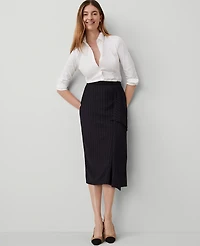 Ann Taylor Petite Pinstripe Cascade Midi Skirt Size 00 Navy/White Combo Women's