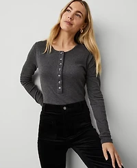 Ann Taylor Weekend Collection Crew Neck Henley Size Large Heathered Onyx Women's