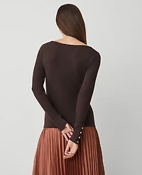 Ann Taylor Petite Button Cuff Boatneck Top Size Medium Pure Chocolate Women's
