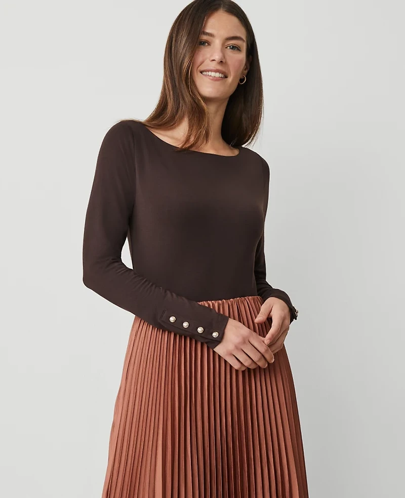 Ann Taylor Petite Button Cuff Boatneck Top Size Medium Pure Chocolate Women's