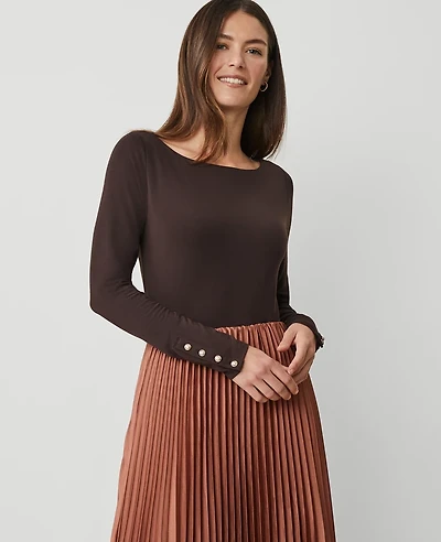 Ann Taylor Petite Button Cuff Boatneck Top Size Medium Pure Chocolate Women's