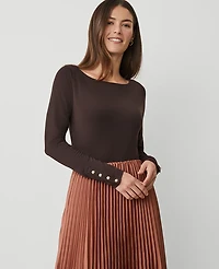 Ann Taylor Petite Button Cuff Boatneck Top Size Medium Pure Chocolate Women's