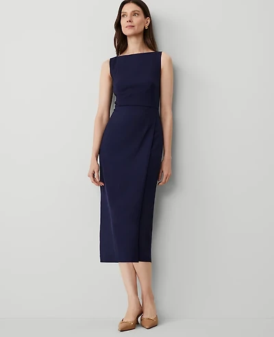 Ann Taylor The Boatneck Wrap Sheath Dress in Textured Drape Size 14 Navy Women's