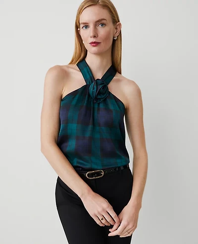 Ann Taylor Tartan Rosette Drape-Neck Halter Top Rainforest Women's