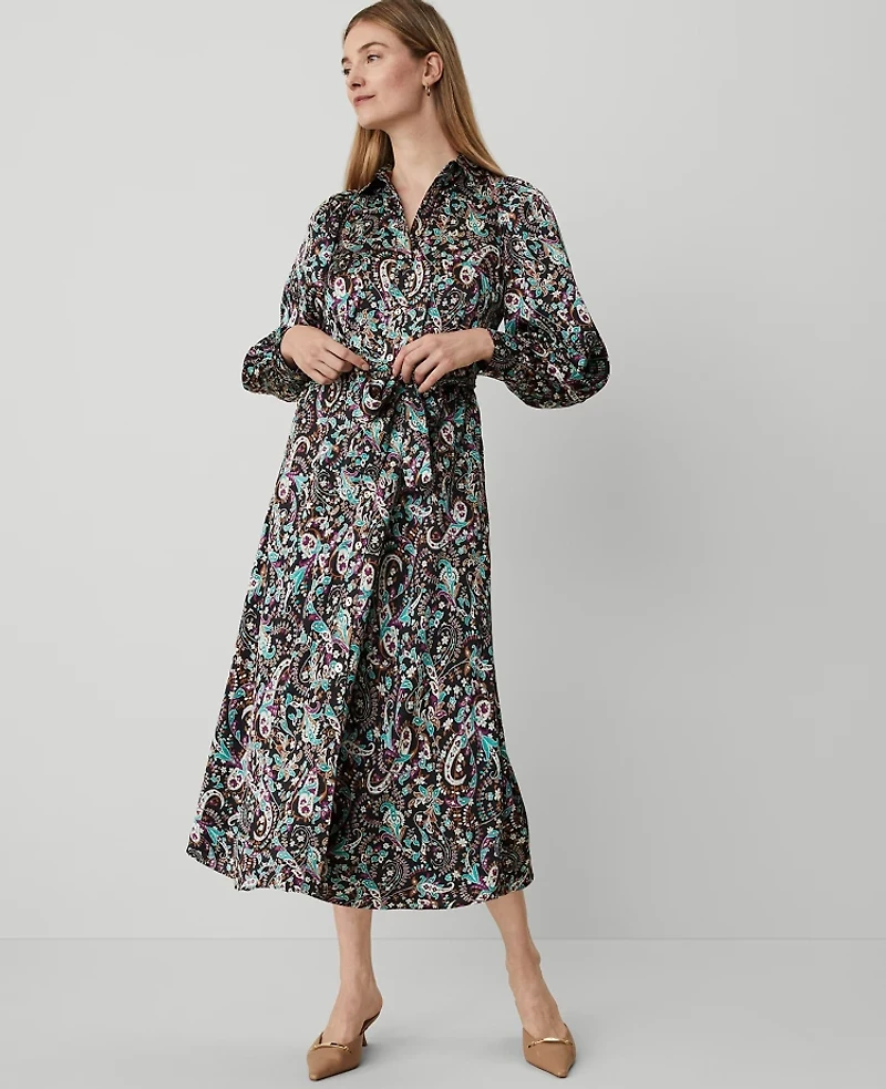 Ann Taylor Floral Belted Shirtdress Size 0 Black Women's