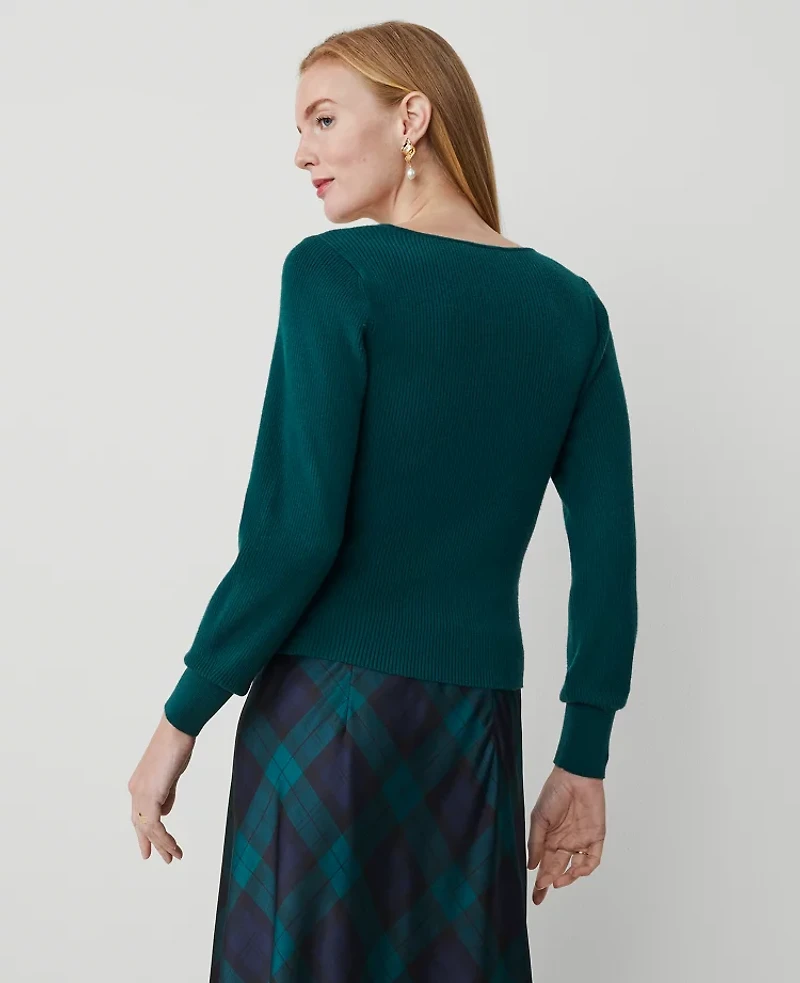 Ann Taylor Puff-Sleeve V-Neck Sweater Size XS Rainforest Women's