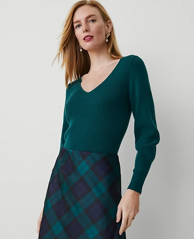 Ann Taylor Puff-Sleeve V-Neck Sweater Rainforest Women's