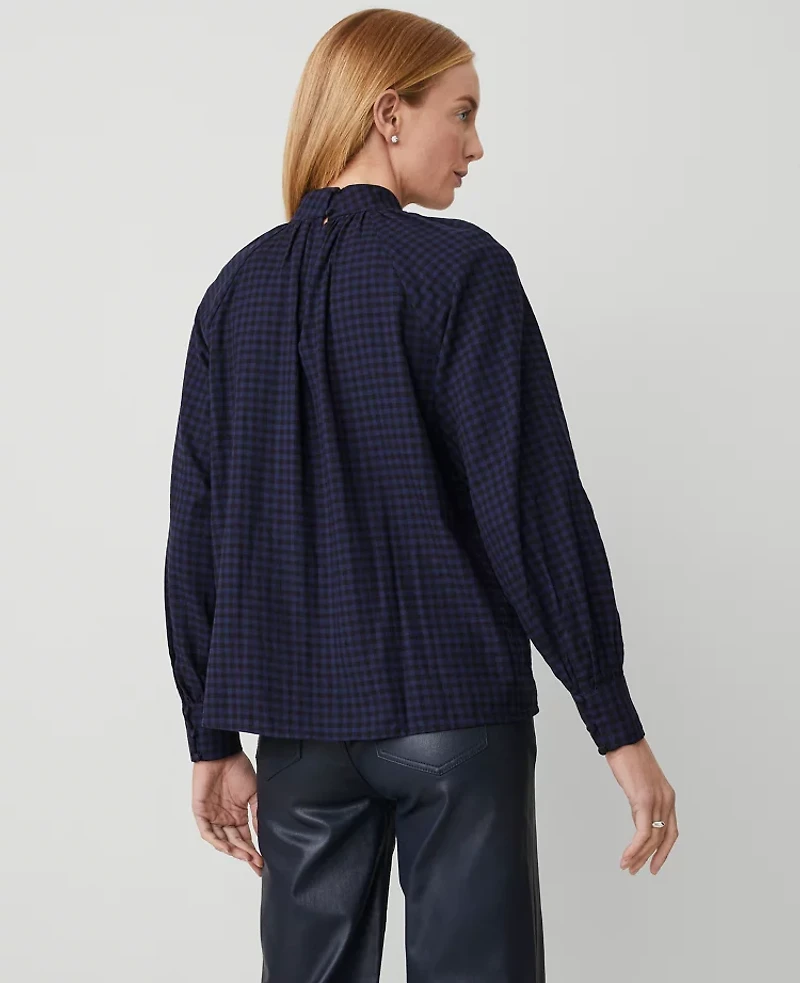 Ann Taylor Shirred Mock Neck Popover Top Size Large Pure Sapphire Women's