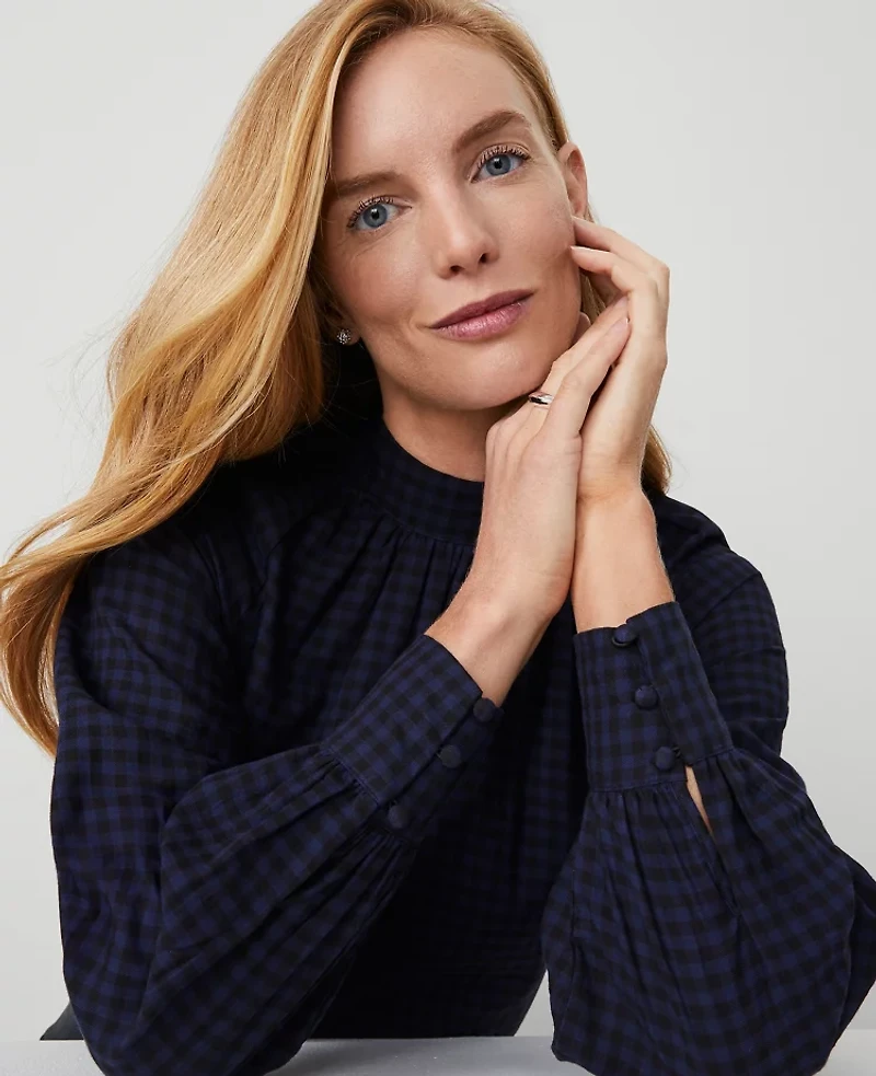 Ann Taylor Shirred Mock Neck Popover Top Size Large Pure Sapphire Women's