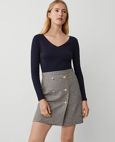 Ann Taylor Petite Brushed Check Button Wrap A-Line Skirt Size 10 Sahara Women's