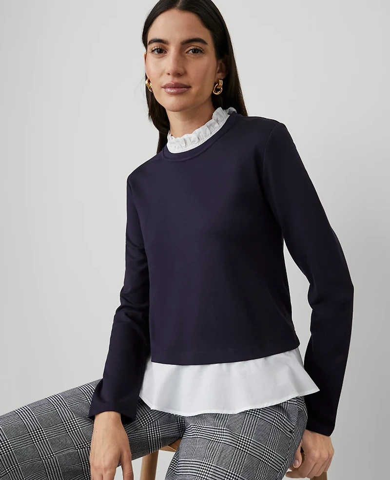 Ann Taylor Ponte Mixed-Media Top Night Sky Women's