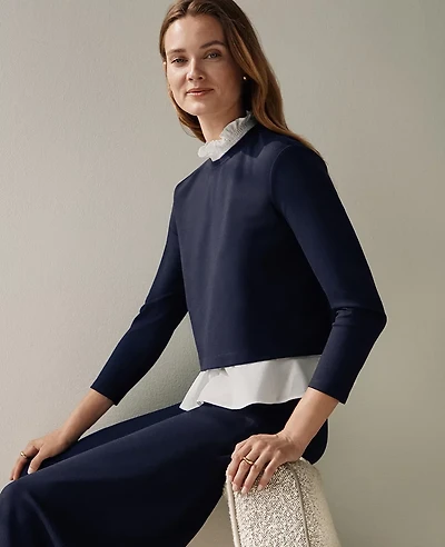 Ann Taylor Ponte Mixed-Media Top Night Sky Women's