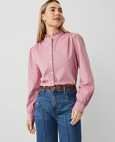 Ann Taylor Weekend Collection Corduroy Ruffle Neck Shirt Size Small Foxglove Women's