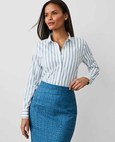 Ann Taylor Striped Relaxed Perfect Shirt Size XS Gulf Blue Women's