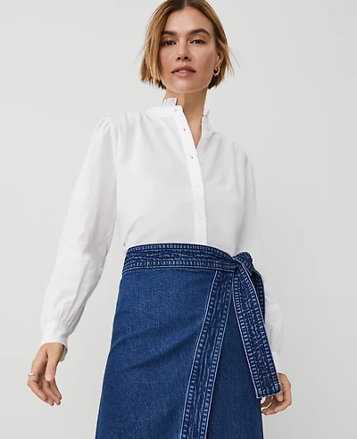 Ann Taylor Weekend Collection Ruffle Neck Shirt Size Large White Women's
