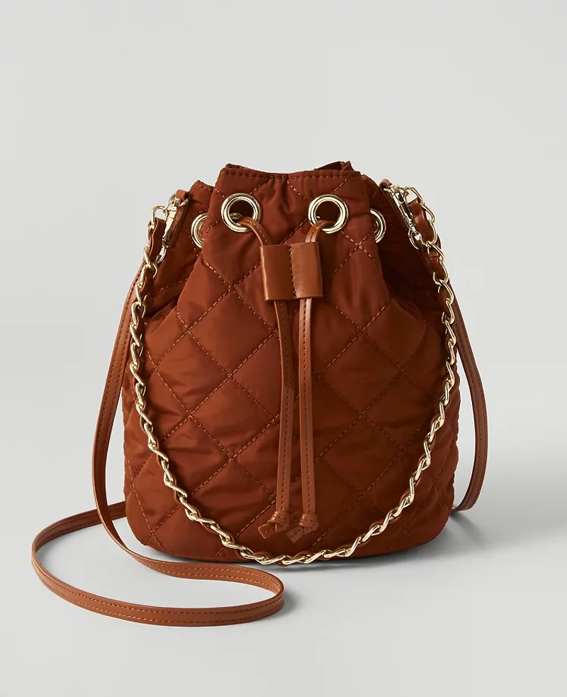 Ann Taylor Quilted Drawstring Bucket Bag Brown Stone Women's