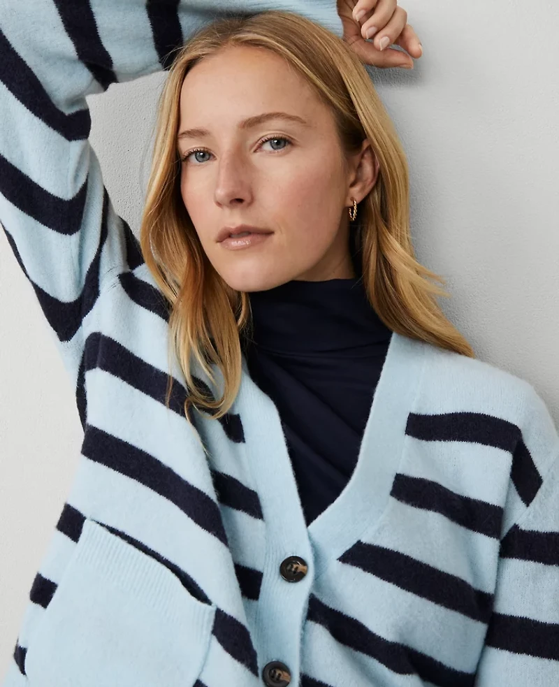 Ann Taylor Weekend Collection Striped V-Neck Cardigan Light Blue Multi Women's