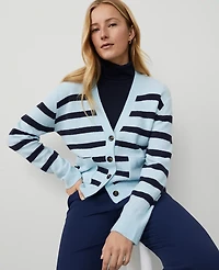 Ann Taylor Weekend Collection Striped V-Neck Cardigan Light Blue Multi Women's