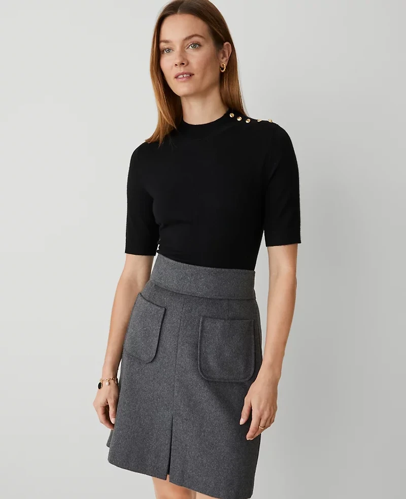 Ann Taylor Petite Essential Button Mock Neck Sweater T-Shirt Black Women's