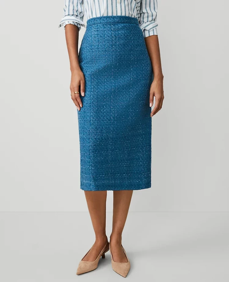 Ann Taylor Tweed Midi Column Skirt Size 10 Balmy Blue Women's