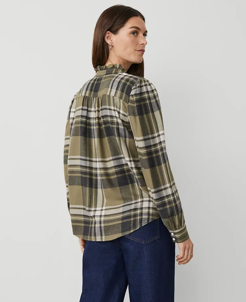 Ann Taylor Weekend Collection Plaid Ruffle Neck Flannel Shirt Olive Multi Women's