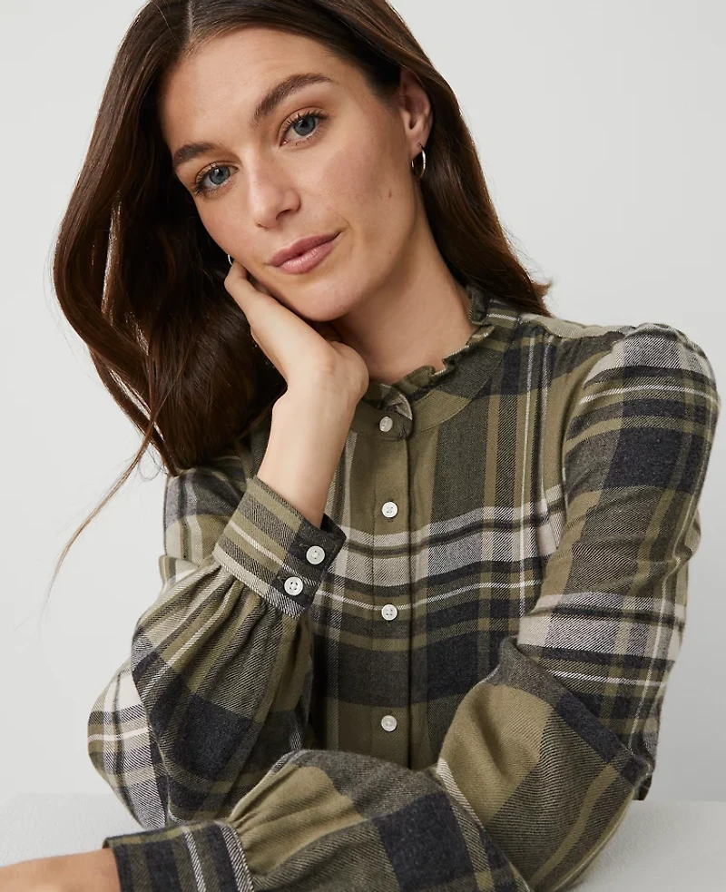Ann Taylor Weekend Collection Plaid Ruffle Neck Flannel Shirt Olive Multi Women's