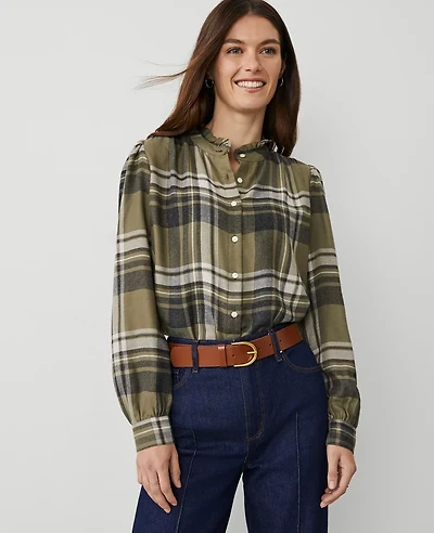Ann Taylor Weekend Collection Plaid Ruffle Neck Flannel Shirt Olive Multi Women's