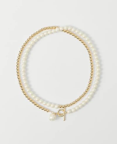 Ann Taylor Double Wrap Metal and Pearl Necklace Ivory Women's