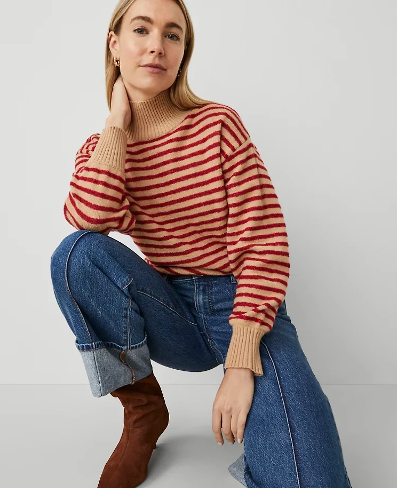 Ann Taylor Weekend Collection Turtleneck Stripe Drop Shoulder Sweater Size XS Iconic Red Women's